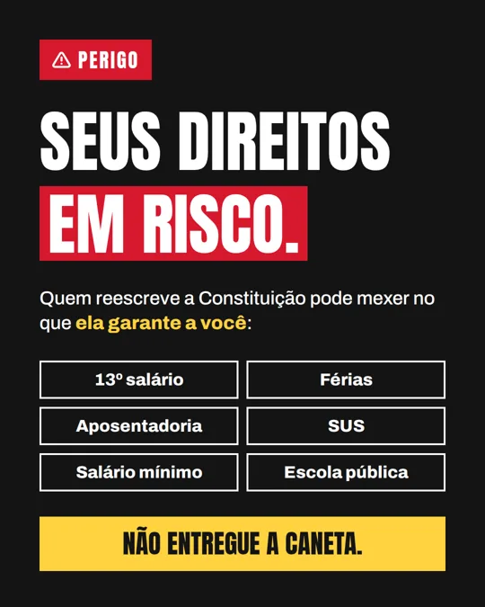 Card 3: Perigo: seus direitos em risco. Não entregue a caneta.