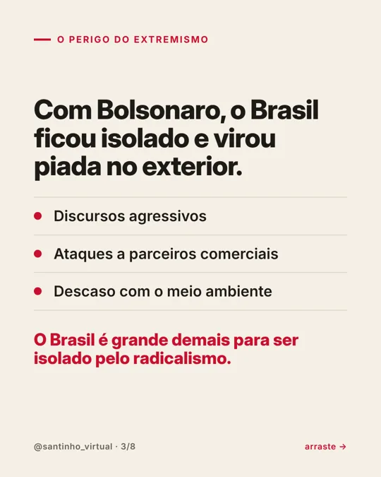 Card 3: Com Bolsonaro, o Brasil ficou isolado
